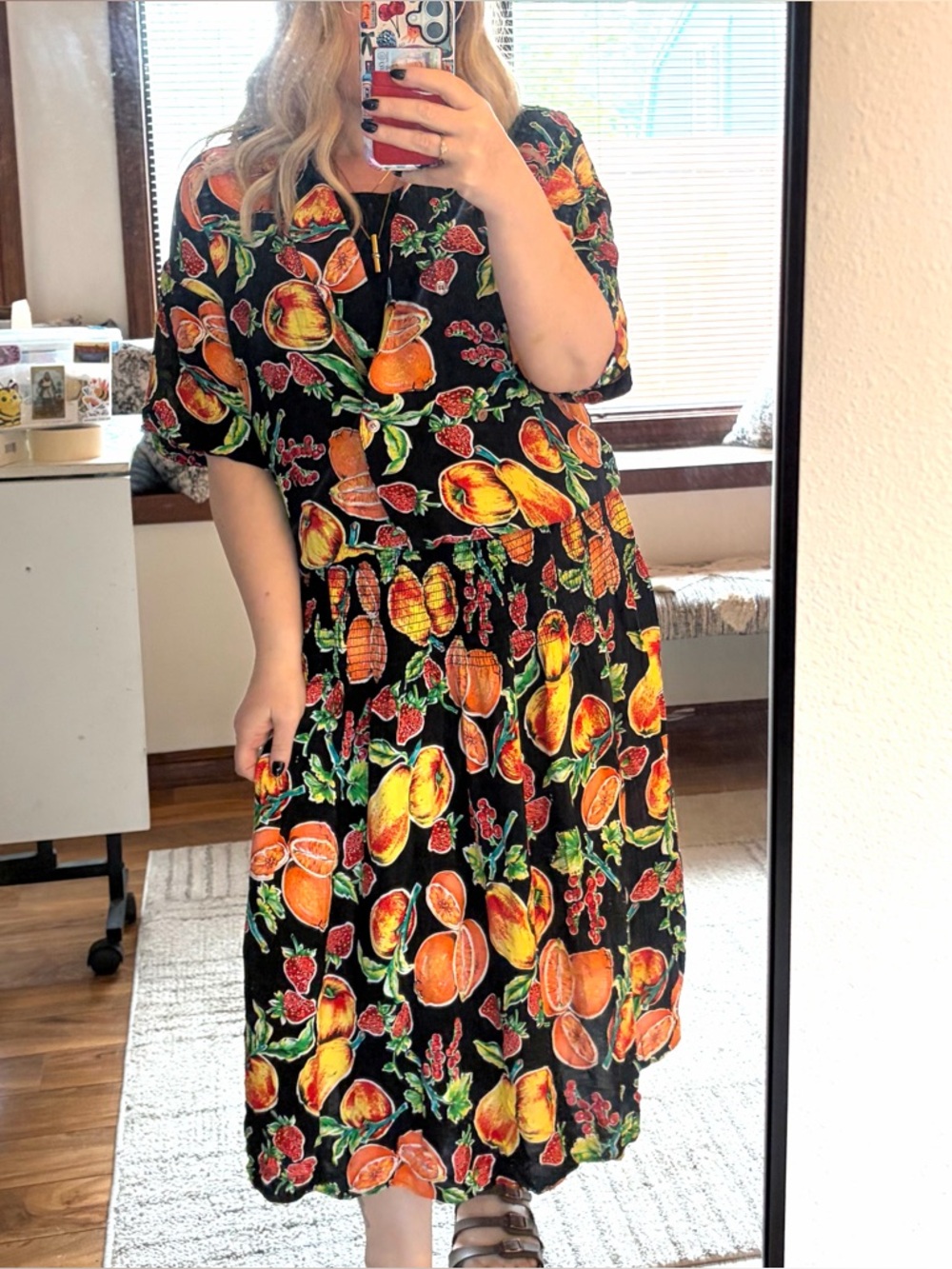 Vintage 80s 90s Donna Morgan Black Midi shirt Dress colorful Fruit Print L XL